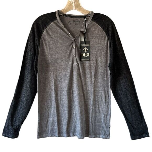 NEW Indigo Star Mens Gray and Black Henley Shirt - Picture 1 of 6